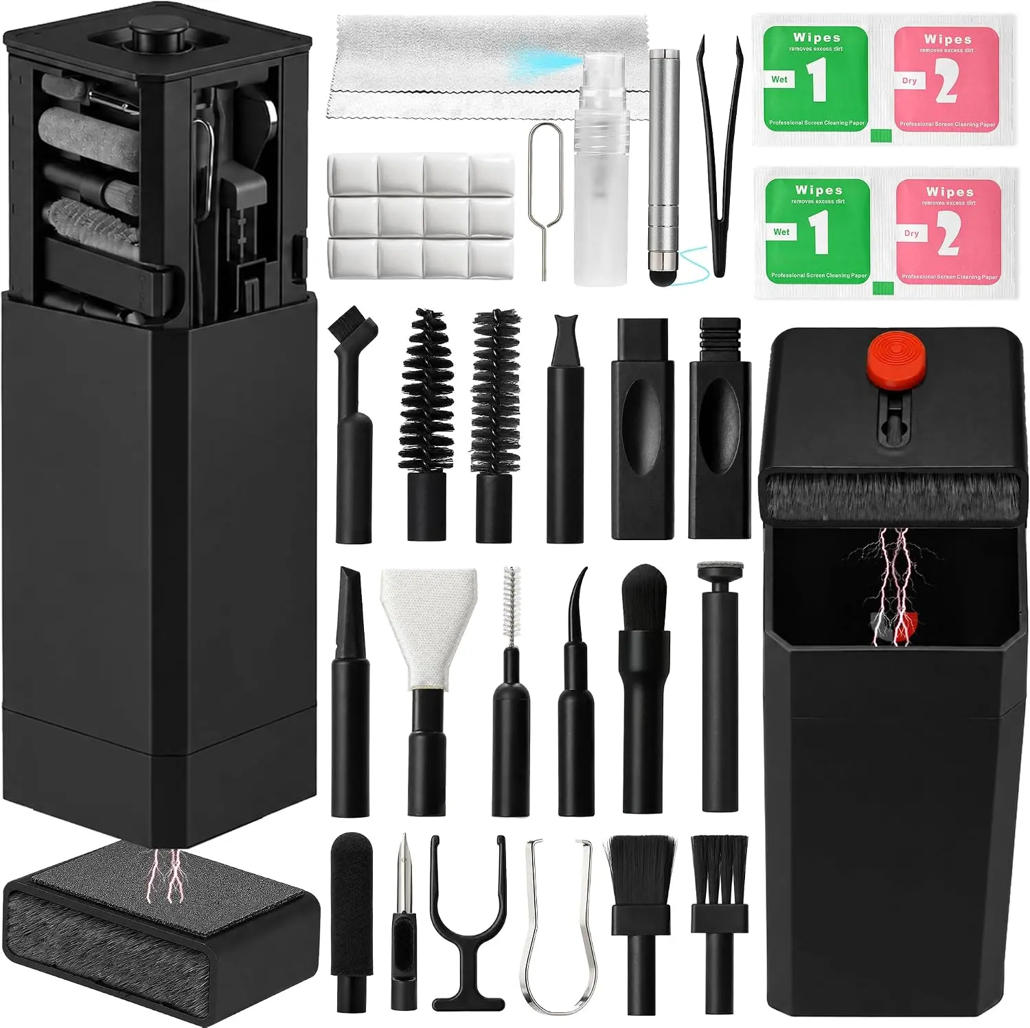 2026 Upgrade Phone Cleaning Kit 47PCS, iPhone Cleaning Kit, Airbuds AirPods Cleaning Kit, Keyboard, Charging Port Cleaner for Apple Lightning/Android USB-C - Includes Putty, Cloth & Wipes (Black)