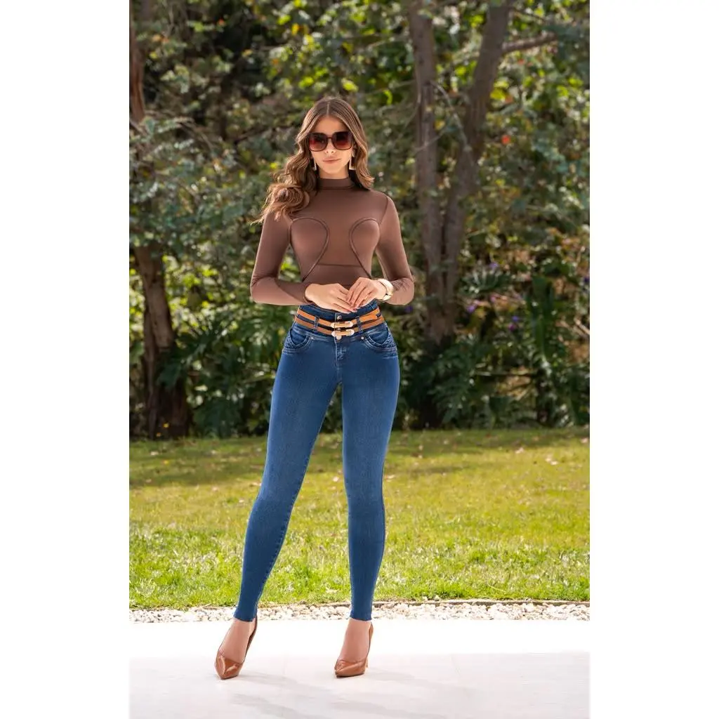 Colombia Zenobia Skinny Jeans  High Waist  Comfort Stretch Denim  Double Belt  Made in Colombia