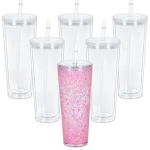 24oz Plastic Snow Globe Cup with Pink Glitter - Includes Straws - Clear Design - Perfect for Snow Globes