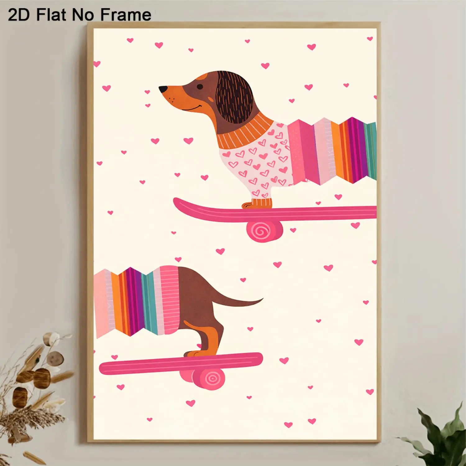 1pc Portable Artistic Dachshund Dog Poster - Adorable Dachshund in Colorful Zigzag Sweater, Heart Print, Riding Pink Skateboard - 2D Flat No-Frame Home Decor for Bedroom, Living Room Wall Use