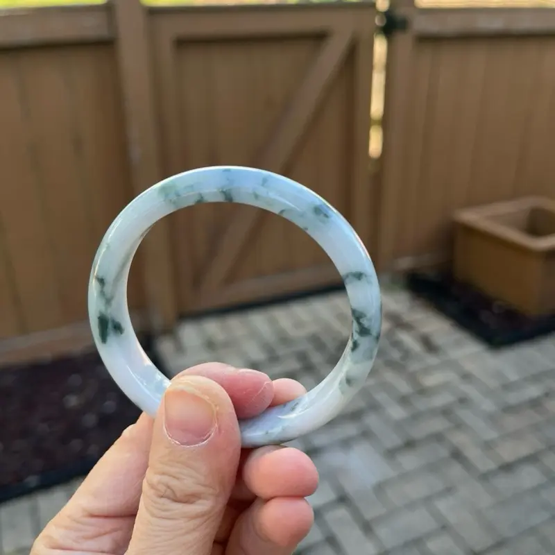 25054-L Certified Untreated Grade A Jade Bracelet - Round 53mm (Burmese Jadeite Bangle, Milky White/Green Floral Pattern)