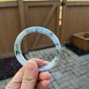 25054-L Certified Untreated Grade A Jade Bracelet - Round 53mm (Burmese Jadeite Bangle, Milky White/Green Floral Pattern)