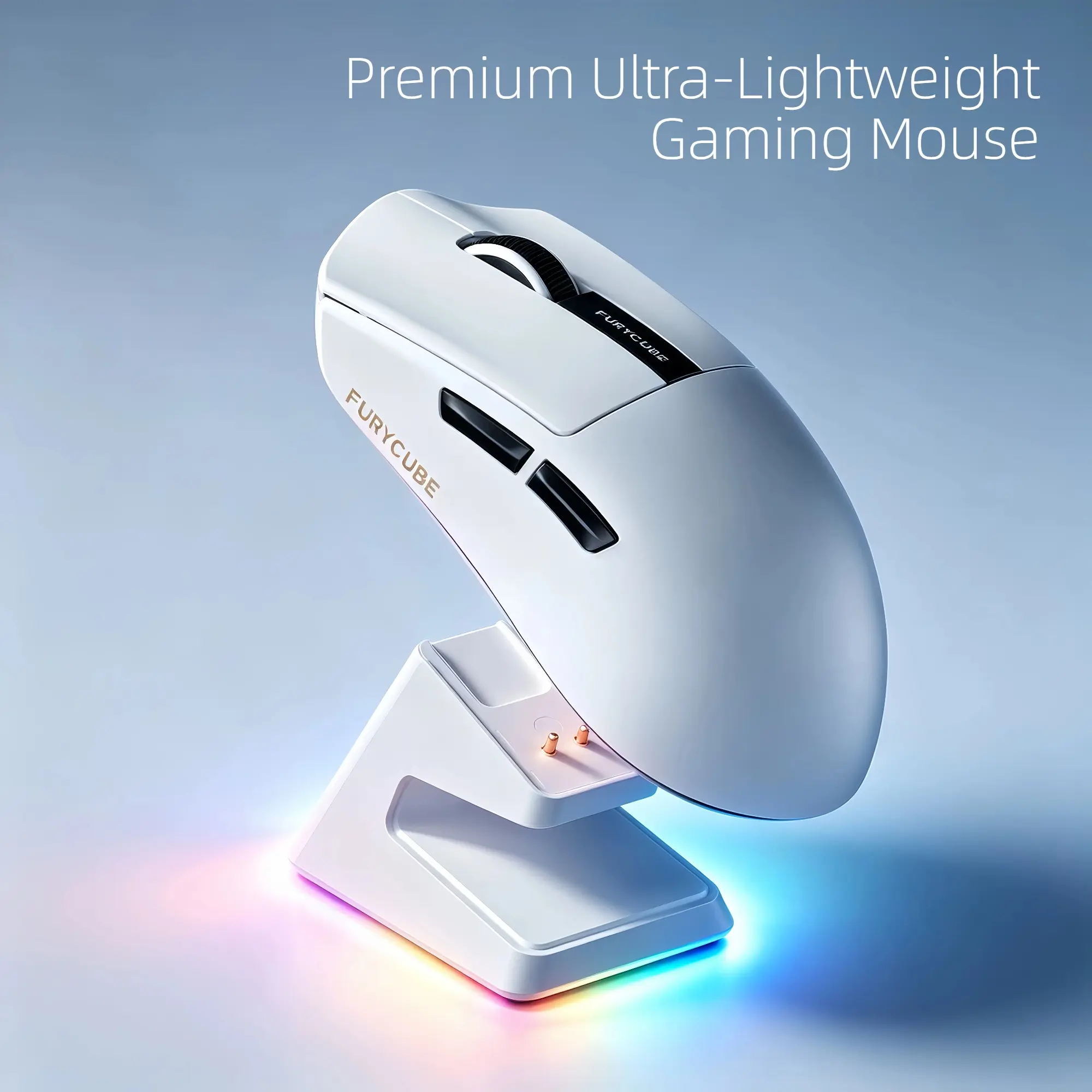 White 59g Ultra-Lightweight Low Latency Wireless Gaming Mouse, with RGB Light Charging Dock, Smart Display, PAW3311 Optical Sensor, Tri-Mode Bluetooth-2.4G-USB-C Connection, Grip Stickers for PC Desk Setup