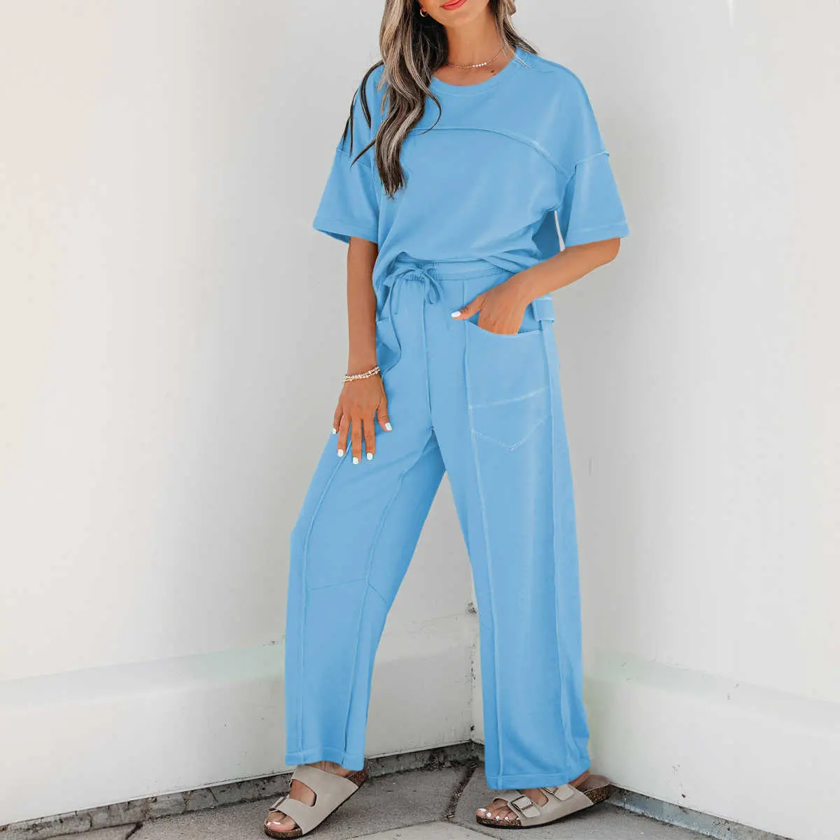 Sky Blue Drop Shoulder Boxy Tee and Barrel Pants Set