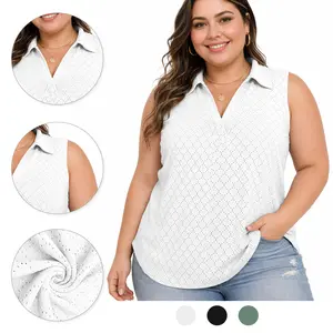 VOGARCE Womens Plus-Size-Tank-Tops Summer Sleeveless Casual Shirts Lapel V Neck Tunics Eyelet Tees Flattering Fit Dressy Casual Top  RPS2097