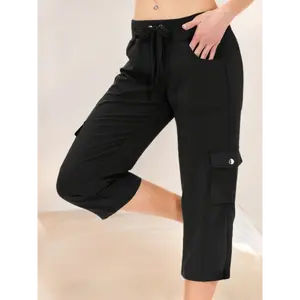 1pc Women'S Casual Cargo Capri Pants, Polyester Solid Color 7/8 Length Trousers with Pockets, Regular Fit, Elastic Waist Drawstring, Lightweight 160g/m² Fabric, Spring/Summer/Autumn Fashion