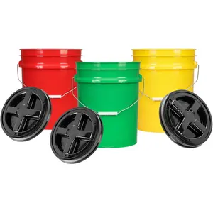 5 Gal Plastic Buckets Food Grade BPA Free Made in USA pails with Screw On Gasket Lids - Pack of 3 - Yellow Green Red