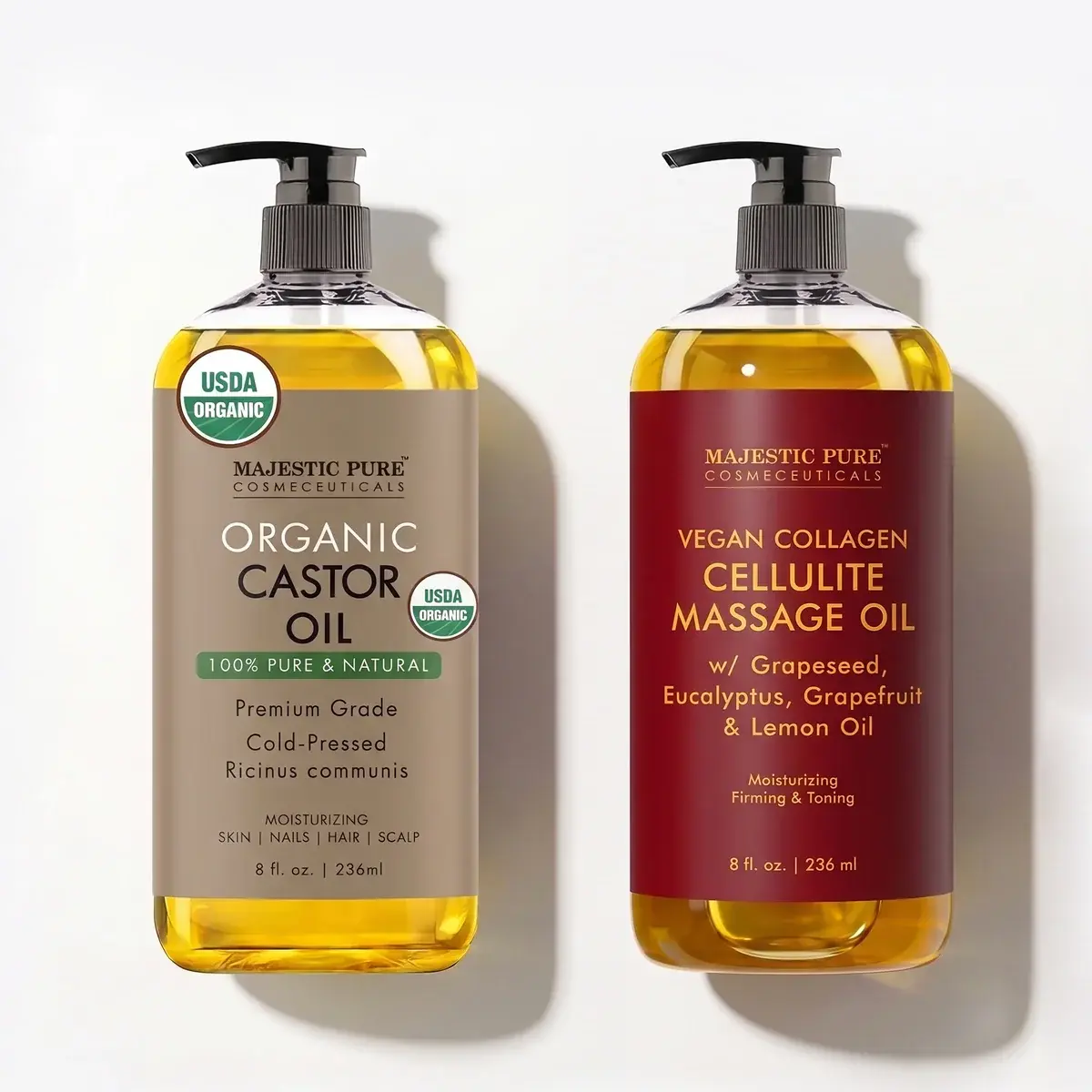 Lymphatic Drainage Body Sculpting Duo — USDA Organic Castor Oil + Vegan Collagen Cellulite Massage Oil | 2 x 8 fl oz