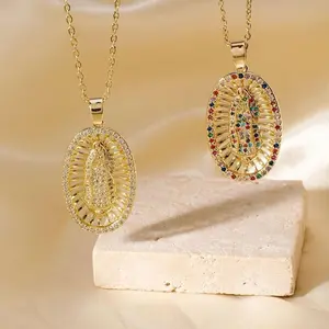 Gold Plated CS Zirconia Guadalupe Virgin Mary Necklace Pendant Multicolor N40