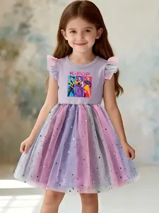 Girls' Summer Dress 4-7 Years, Short Sleeve Casual Natural Waist Sparkle Mesh Skirt, popular and fashion k-pop girls print, kids clothes, gift for girls, Stylish Holiday Outfits for Kids Spring Break summervibes, Sparkly Dress