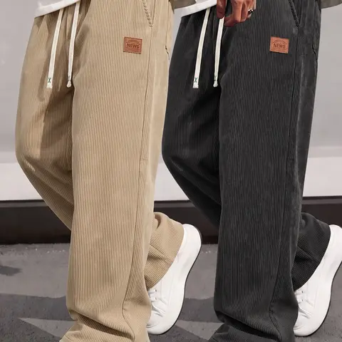 Men's 2-Pack Corduroy Straight-Leg Pants, Drawstring Elastic Waist, Loose Casual Streetwear Long Trousers