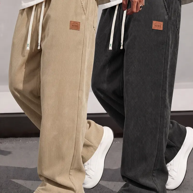 Men's 2-Pack Corduroy Straight-Leg Pants, Drawstring Elastic Waist, Loose Casual Streetwear Long Trousers