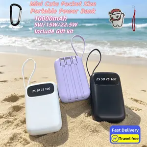 LADAPU 10000mAh Mini Cute 5V2A Fast Charging Power Bank, Small Size Large Capacity Rechargeable Portable Mobile Phone Charger, Built-in 4 Cables, Smart Digital Display, Micro Interface, USB-C Output&Input, Outdoor Travel Battery Packs, for iPhone/Android