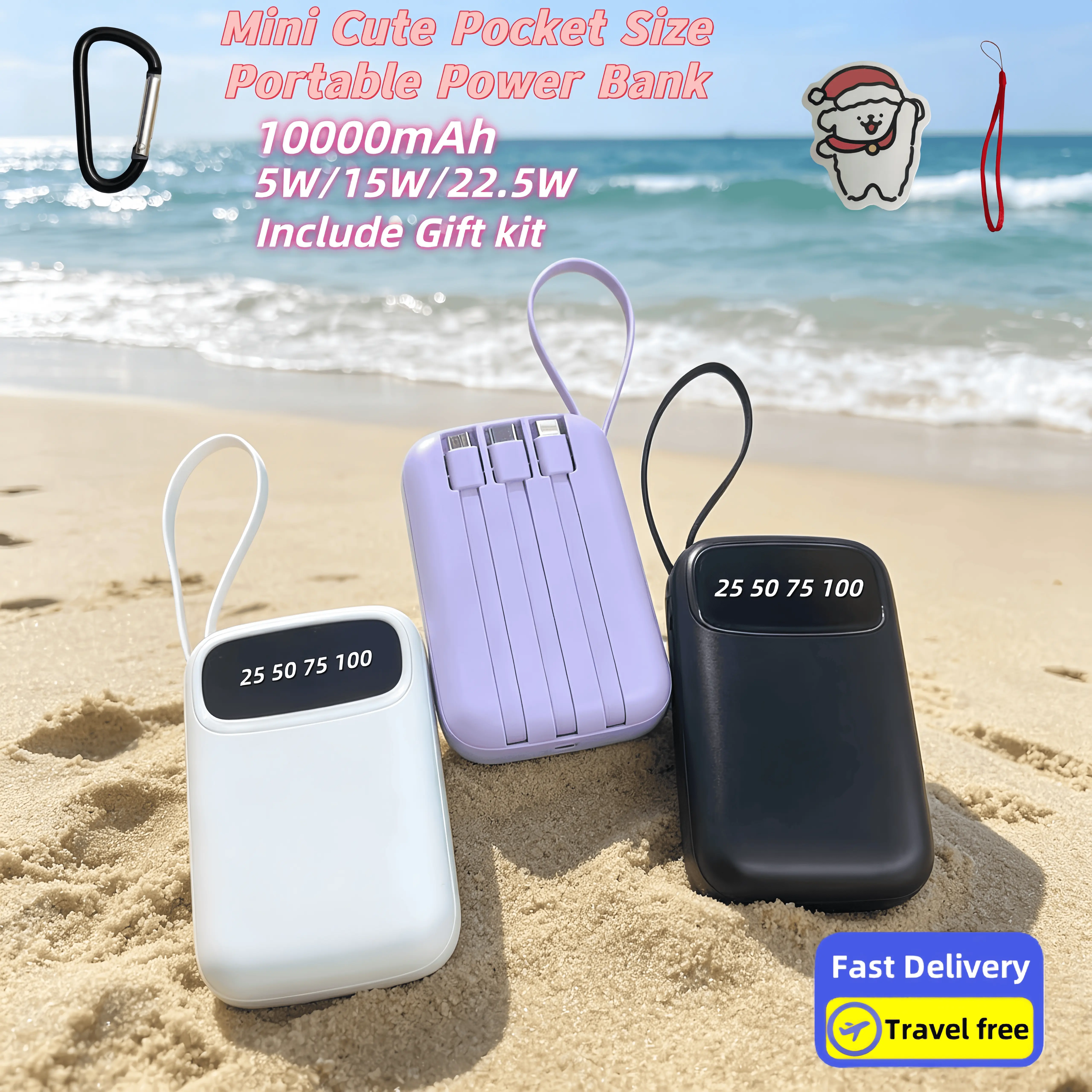 LADAPU 10000mAh Mini Cute 5V2A Fast Charging Power Bank, Small Size Large Capacity Rechargeable Portable Mobile Phone Charger, Built-in 4 Cables, Smart Digital Display, Micro Interface, USB-C Output&Input, Outdoor Travel Battery Packs, for iPhone/Android