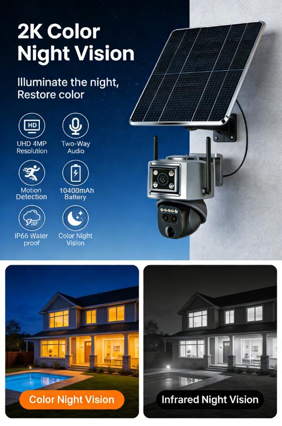 NiSee Triple-Lens Linkage Solar-Powered 4G Security Camera,10x Zoom,2K HD 360° View Pan,AI Motion Detection,Two-Way Audio,Color Night Vision,Waterproof,Outdoor Security Cctv Lens