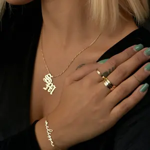 AS184 Custom Interlocking Initial Necklace,  Combined initials Gold Couple Monogram Pendant, Personalized His and Hers Letter Jewelry, Anniversary Gift for Girlfriend, Valentine's Day Present Customized Two Initials Necklace Gold Rope Chain
