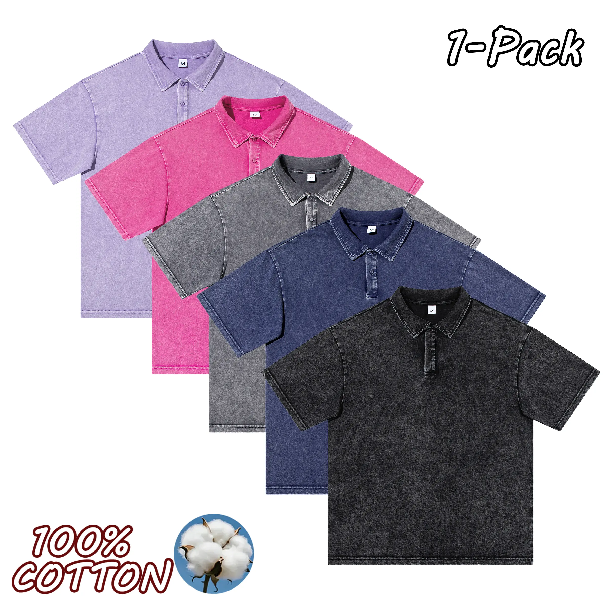 Men's 100% Pure Cotton Short-Sleeve T-Shirt - Retro Distressed Wash, Solid-Color Minimalist Turn-Down Collar, Unisex Casual Fashion Top for Everyday Wear, Outdoor Sports