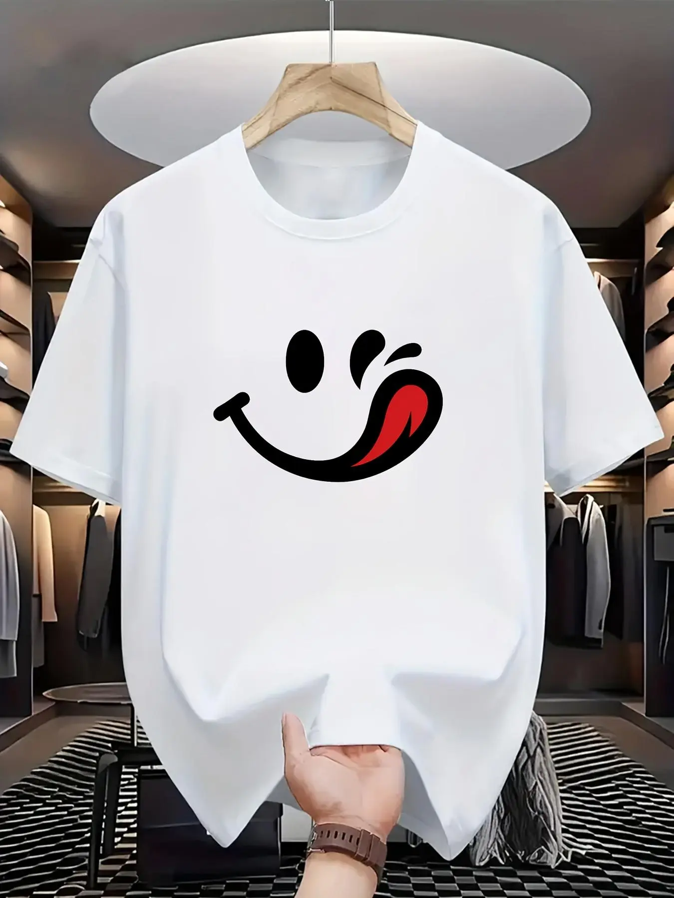 Boys' Fitted-Cut Short-Sleeve Casual T-Shirt with New Smile Print, Kids Clothing Boys, Machine-Wash Casual Wear Spring/Summer Outdoor Sports Top for Teenagers