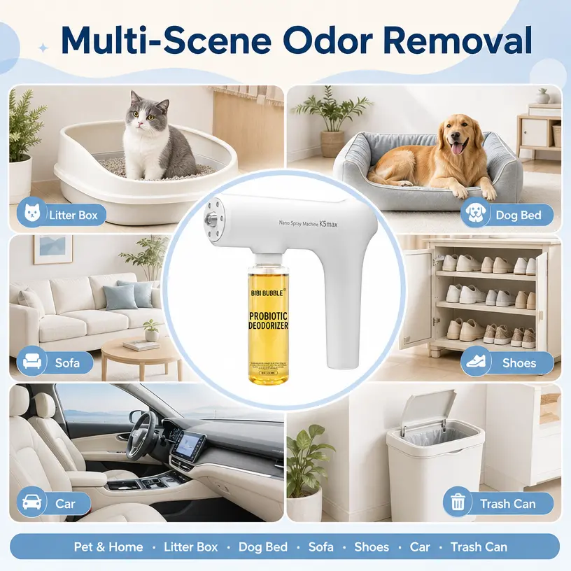 K5max Nano Spray Gun with BIBI BUBBLE Probiotic Deodorizer, Household Odor Eliminator for Pet Litter Box, Shoe Cabinet, Car and Bathroom