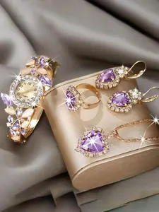 Women's Elegant Fashion Watch & Jewelry Set, Including Round Dial Watch & Bracelet & Ring & Earrings & Pendant Necklace, Exquisite Watch Set for Women As Gift, Fashionable Jewelry Set