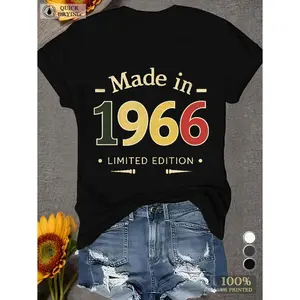 "Vintage 1966 Limited Edition Women's Black T-Shirt, 180g Cotton Tee, Retro Crew Neck Short Sleeve Graphic Top, Birth Year Celebration Gift, Classic Printed Apparel, Comfortable Casual Wear, Stylish Year-Inspired Design, Perfect Birthday Present Tee"