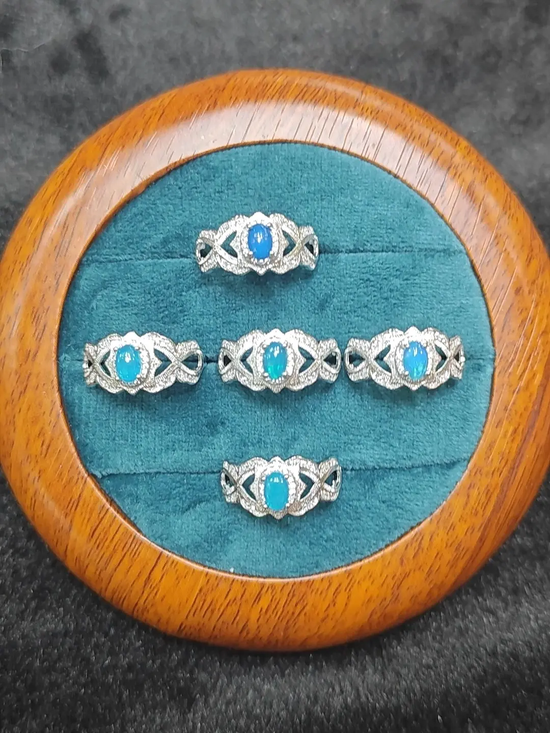 Ruby(14112)gc.Vintage Hollow Out Blue Opal Statement Ring - Silver Tone Art Deco Oval Cut Adjustable Engagement Jewelry