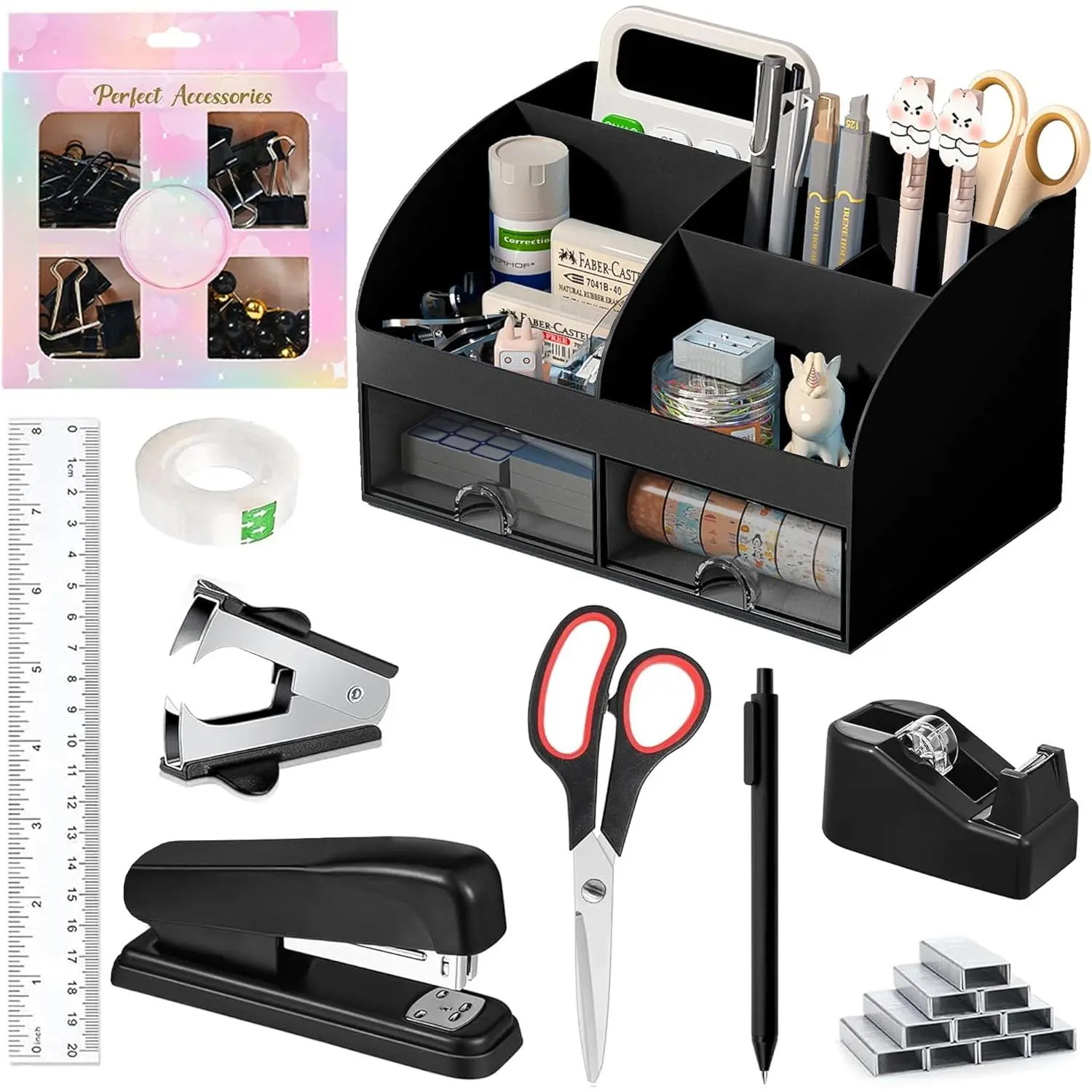 All Black ABS Plastic 10-Piece Complete Desk Stationery Kit - Multi-Compartment Tabletop Organizer with Built-in Pen Holder, Stapler, Staple Remover, Staples, Tape Dispenser, Tape, Paper Clips, Ruler, Scissors, Gel Pen for Home, Office Use