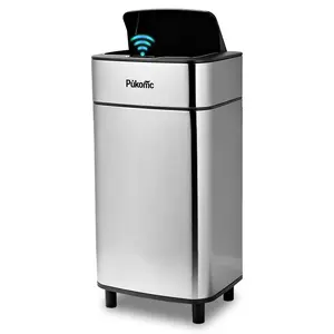 PUKOMC Sleek stainless steel sensor bin. 2.7-gallon rectangular, space-saving design for kitchen, bathroom, or office. Hands-free automatic operation.