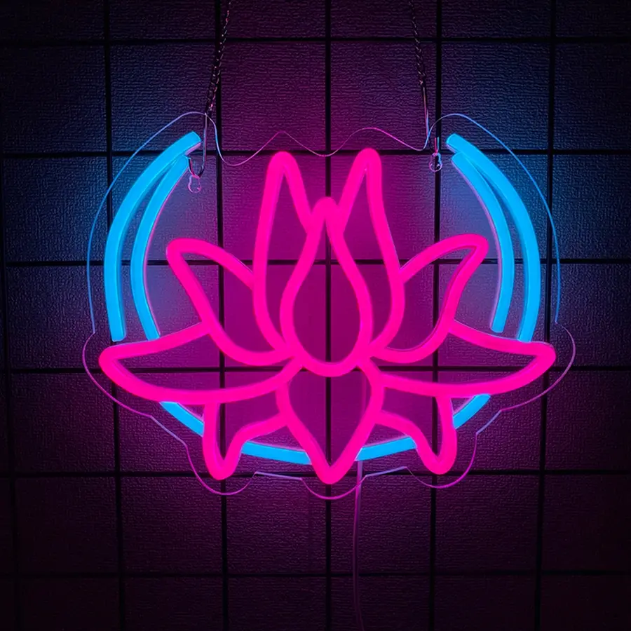 Moon Lotus Neon Sign Blue Moon Neon Decor Wall Decor USB Powered Purple-Red Lotus LED Light Sign Perfect for Bedrooms/Yoga Rooms/Game Rooms/Man Caves