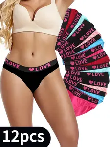 12pcs Seamless Letter Print Contrast Briefs,Ultra-Comfy,Breathable,Stretchy Intimates with Simple Design-Women's Lingerie&Underwear for Everyday Wear