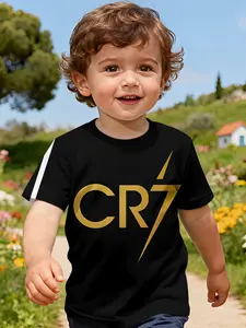 CR7 Golden Lightning Logo Printed Short Sleeve for Infants and Toddlers, Casual Kids' Wear, T-Shirt Suitable for Daily and Outdoor Sports. 100% Polyester, a Perfect Gift for Infants and Toddlers!