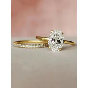 2pcs Set S925&925 Sterling Silver Single Row & 2ct Oval Rings Set Elegant For Women Dating Party Stackable Ring Anniversary Occasion Exquisite Women's Jewelry Gift