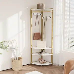 Corner Coat Rack, Hall Tree with Double-Row Hooks & 4 Shelves, Clothes Rack Shoes Shelf Organizer for Entryway, Hallway, Closet