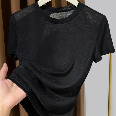 2026 New Knitted Face Mask Short Sleeve Inner Top, Summer Casual Slim Fitted Basic Small Round Neck Thin Plain T-Shirt for Women, Slim-Fitting Without Collar, Casual Tee