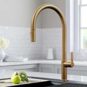 212 MAIN Kraus Oletto High-Arc Single Handle Pull-Down Kitchen Faucet, Brushed Solid Brass, Quick Connect, Easy Install, Modern Kitchen Fixture Accessory