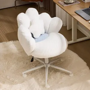 Lovely Petal Vanity Desk Chair with Star Pillow, Height Adjustable Armless Swivel Chair in Vibrant Color-Blocking, Modern Computer Task Chair for Bedroom & Home Office, Teddy Fleece,White