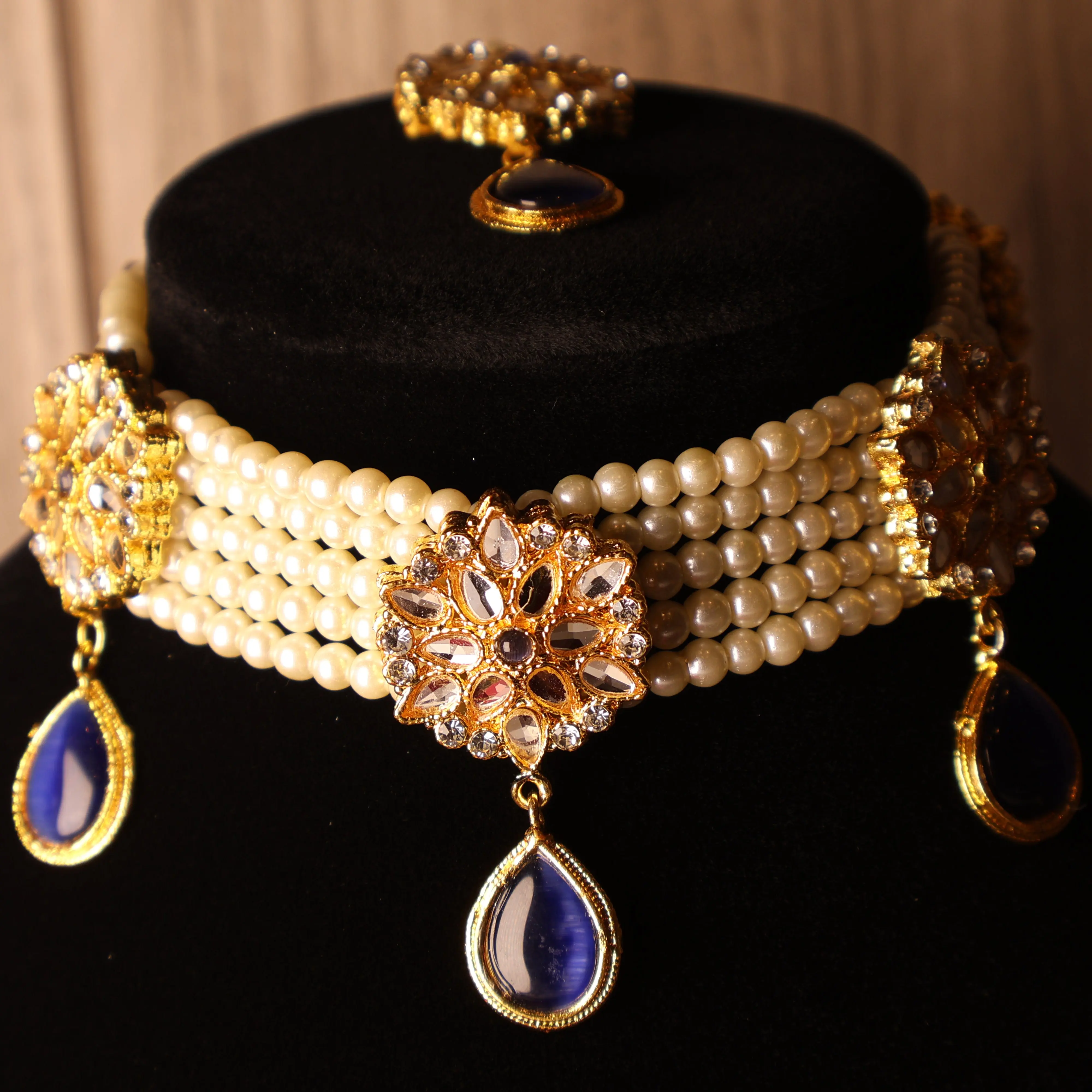 NEELAM Sapphire Blue & Pearl Kundan Choker Set with Tikka & Earrings | South Asian Indian Pakistani Party Jewelry