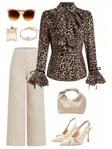 A lady's leopard print collarless ruffled sleeve wide-sleeved blouse with a pleated hem exudes an elegant and stylish look for daily work. It is suitable for parties and gatherings, and can be worn both indoors and outdoors. Boho Chic Sleeve