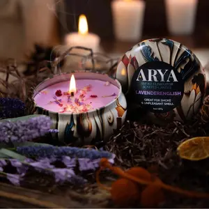 Arya Smoke Eliminator Candle with Flower 100% Soy Wax 50 Hours Burn Time Odor Eliminating High Fragrance Concentration Candle Tin Reusable Jar - 8oz
