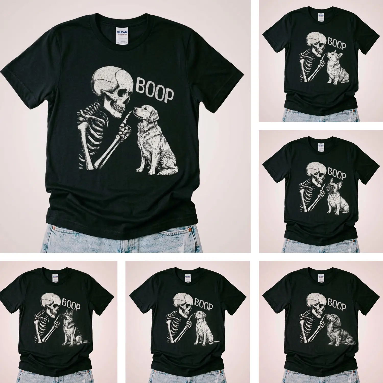Unisex Skeleton Boop Nose Dog Graphic Shirt - Premium Gildan Cotton Tee