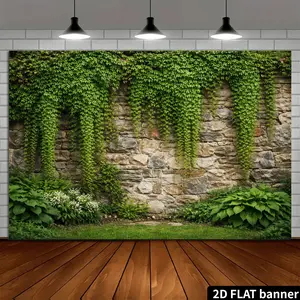1 PC 2D Flat Banner Backdrop, Ivy Covered Stone Wall with Lush Greenery, Vintage Garden Photography Background for Events, Parties, and Home Decor