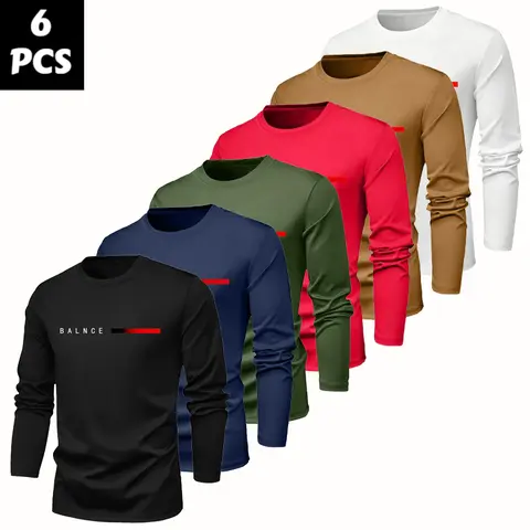 Men's 6-Piece Round Neck Graphic Long Sleeve T-Shirts - Soft, Breathable, Quick-Dry Athletic Apparel, Artwork Print, Assorted Colors, Pull-On, Basic Style, Casual Fit, Ideal for Daily Casual & Gym Wear (XL Option Available)