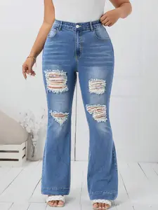 Plus Size Elastic Washed Fashion Casual Flare Ripped Denim Jeans for Women, All Seasons, High Waist, Spring Summer New Arrival