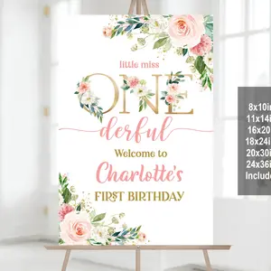 Floral Birthday Welcome Sign Blush Pink Floral Welcome Poster Little Miss Onederful Party Decor Girl 1st Printable Editable 