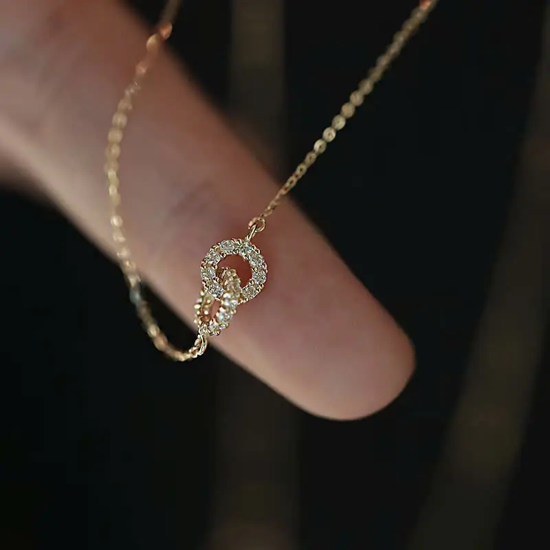 925 Sterling Silver Double Circle Necklace – Waterproof Cubic Zirconia Choker for Women