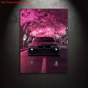 frameless canvas painting print posters, Unframed Art Print, realistic vehicle art, classic Japanese sports car R34 Under Cherry Blossoms, perfect gift for JDM vintage car enthusiasts, ideal gift for bedroom, living room,dormitory hallway, wall decoration