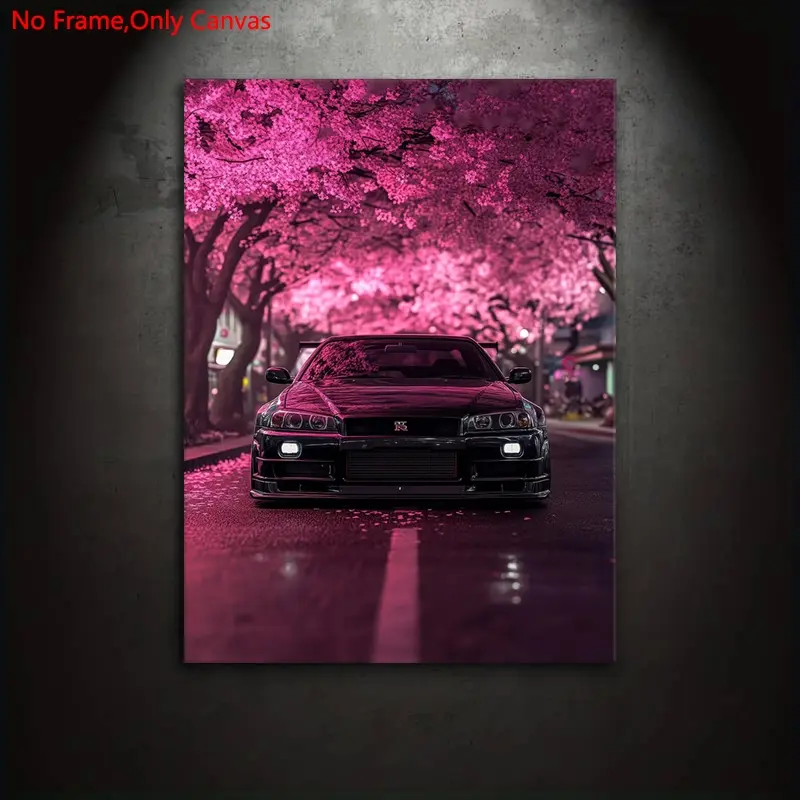 frameless canvas art print posters, Art Work For Wall Decor, realistic vehicle art, classic Japanese sports car R34 Under Cherry Blossoms, perfect gift for JDM vintage car enthusiasts, ideal gift for bedroom, living room,dormitory hallway, wall decoration