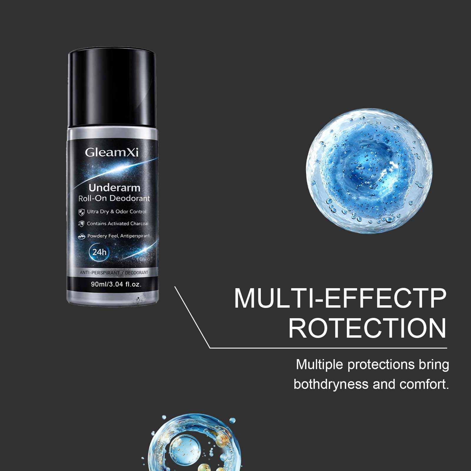 Underarm Roll-On Deodorant 24H Long Lasting Antiperspirant with Activated Charcoal Aloe Vera for Daily Use Ultra Dry Odor Control Gentle Skin Friendly Deodorant for Men Women