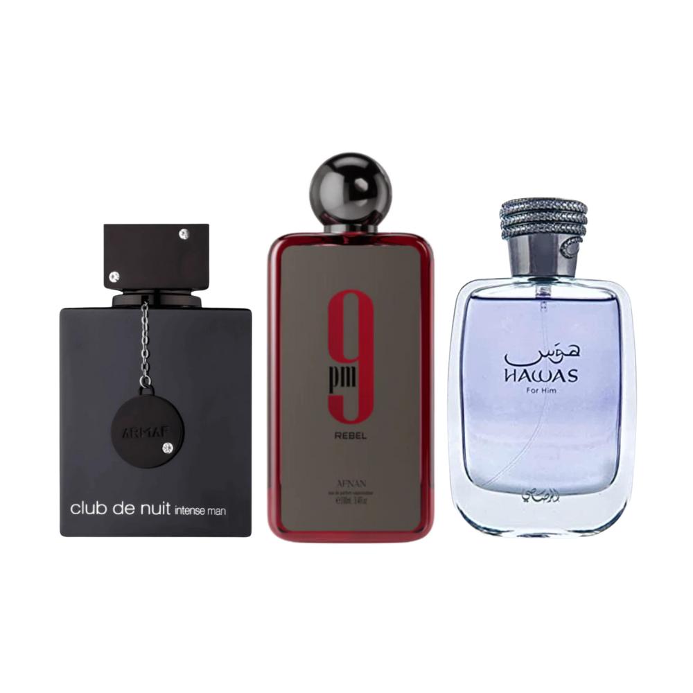 Afnan 9PM Rebel, Armaf Club de Nuit Intense Men and Rasasi Hawas Men 3.4 Oz – 3-Pack Fragrance Bundle for Men