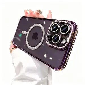 Sparkling Diamond Rhinestone MagSafe Magnetic Case,Luxury Electroplated Glitter Clear TPU Cover with Full Camera Protection,Ultra Slim Shockproof Anti-Scratch Anti-Drop,Stylish Glam Gift for Women&Girls Fits iPhone 12 13 14 15 16 Pro ProMax